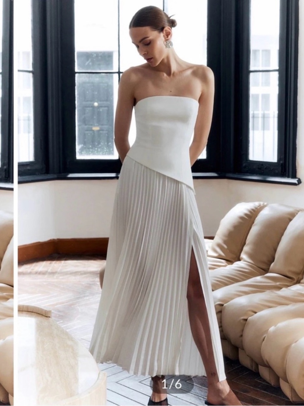 Strapless White Pleated Asymmetric Maxi Dress